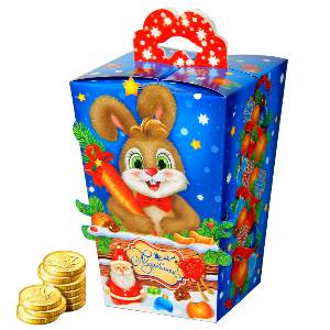 Детский новогодний подарок  в картонной упаковке весом 600 грамм по цене 349 руб с символом 2023 года